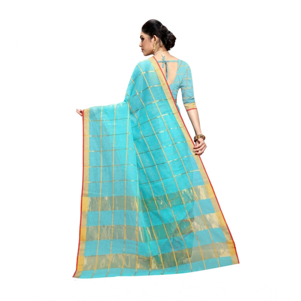 Kota Doria Cotton Saree With Blouse (Sky Blue,6-3 Mtrs)