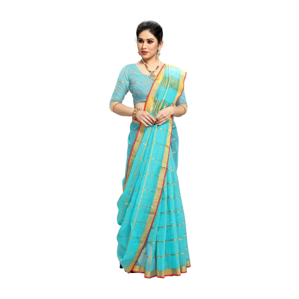 Kota Doria Cotton Saree With Blouse (Sky Blue,6-3 Mtrs)