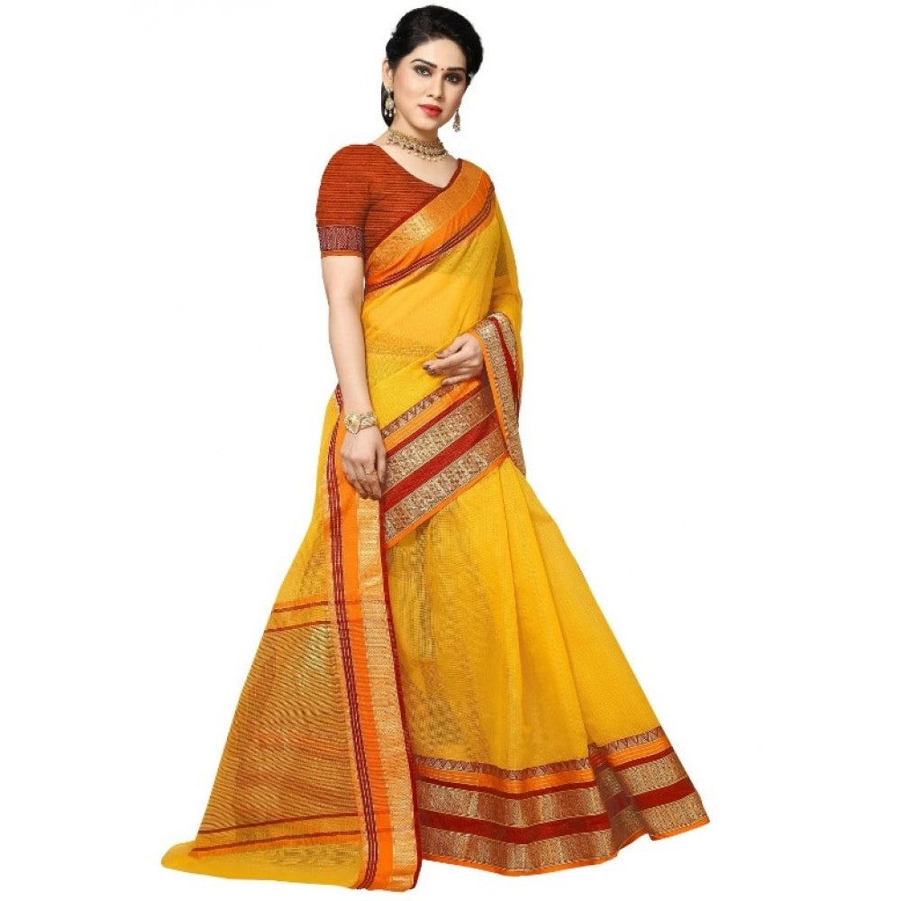 Kota Doria Cotton Border Saree With Blouse (Yellow, 5-6 Mtrs)