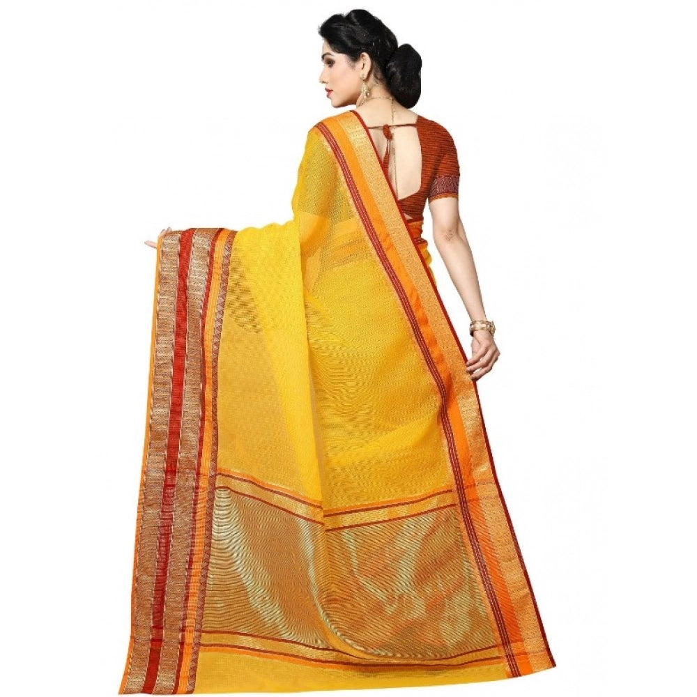 Kota Doria Cotton Border Saree With Blouse (Yellow, 5-6 Mtrs)