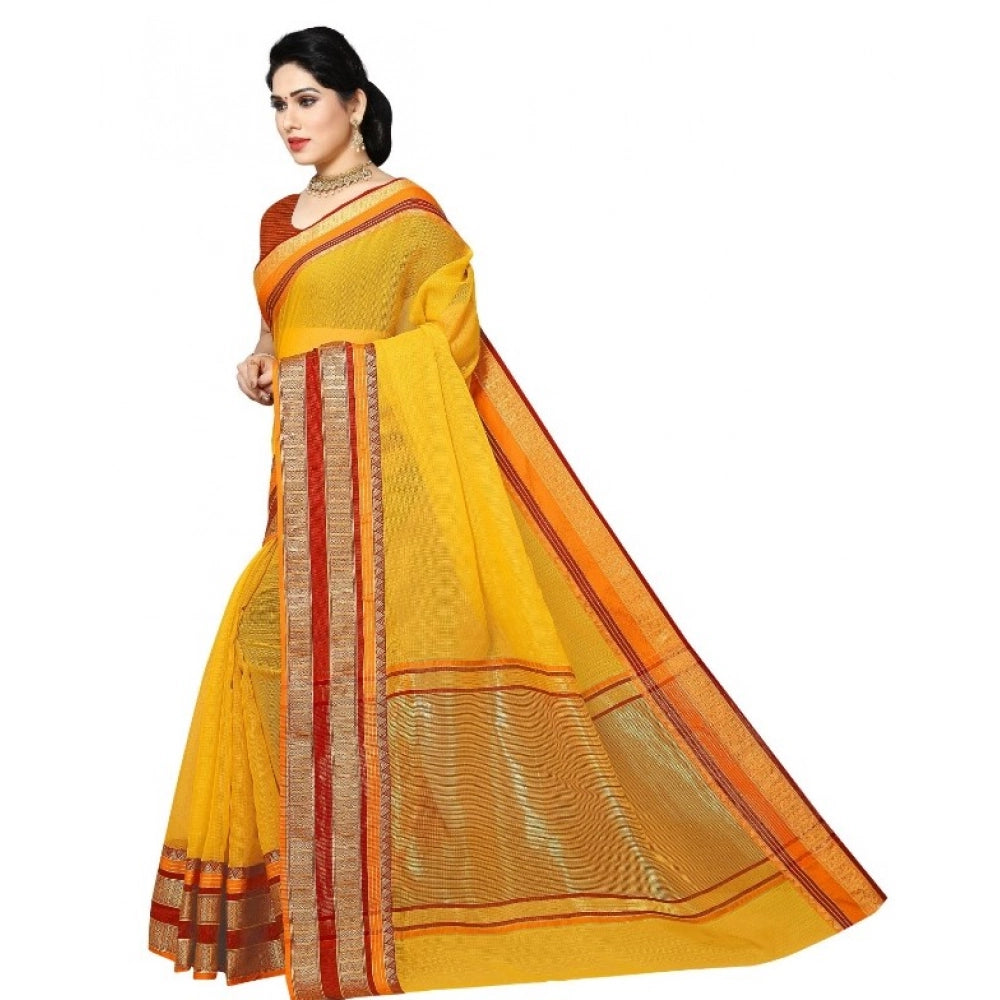Kota Doria Cotton Border Saree With Blouse (Yellow, 5-6 Mtrs)
