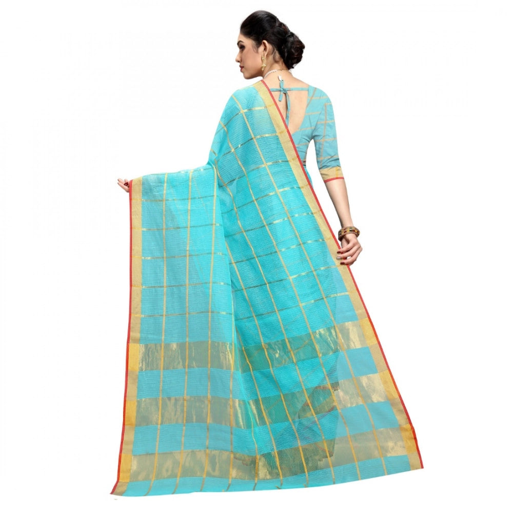 Kota Doria Cotton Checked Saree With Blouse (Sky Blue, 5-6 Mtrs)