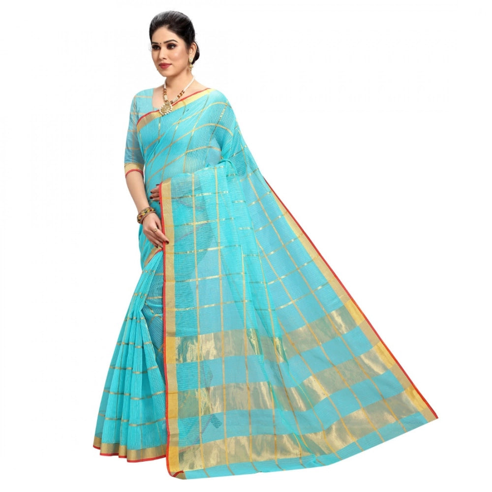 Kota Doria Cotton Checked Saree With Blouse (Sky Blue, 5-6 Mtrs)