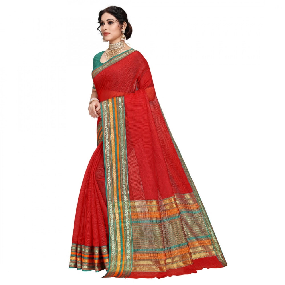 Kota Doria Cotton Bordered Saree With Blouse (Red, 5-6 Mtrs)