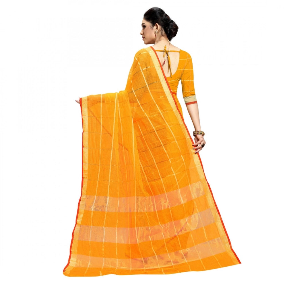 Kota Doria Cotton Checked Saree With Blouse (Yellow, 5-6 Mtrs)