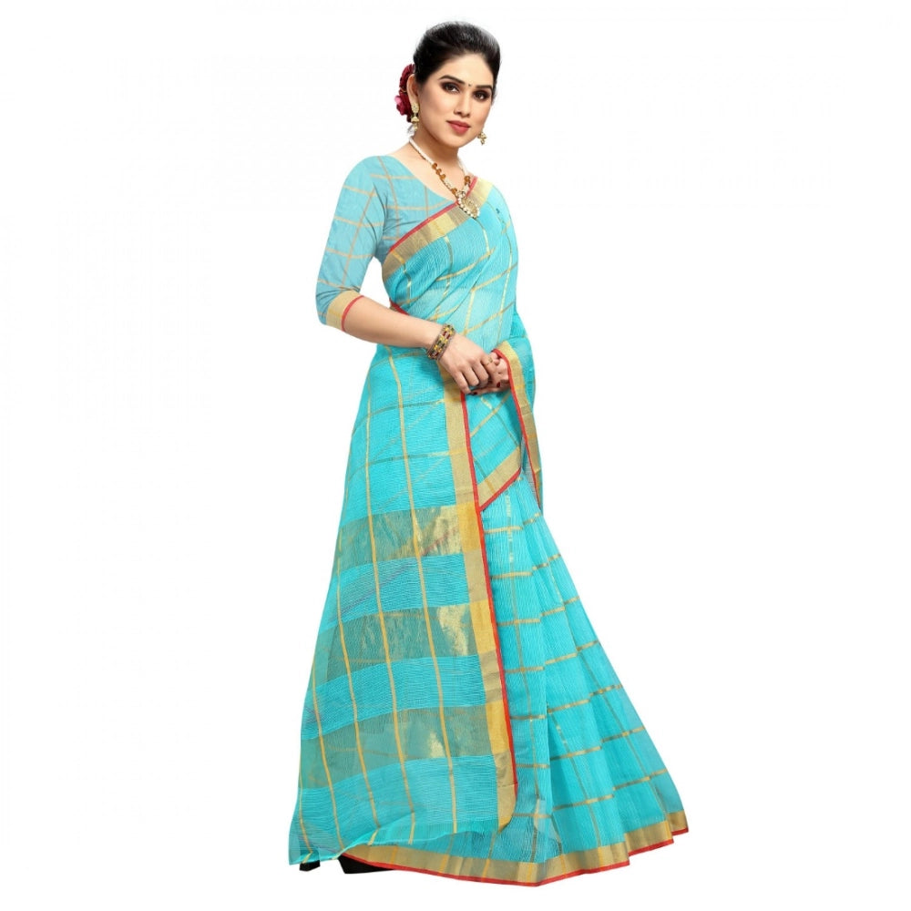 Kota Doria Cotton Checked Saree With Blouse (Sky Blue, 5-6 Mtrs)