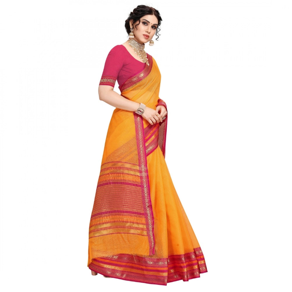 Kota Doria Cotton Bordered Saree With Blouse (Gold, 5-6 Mtrs)