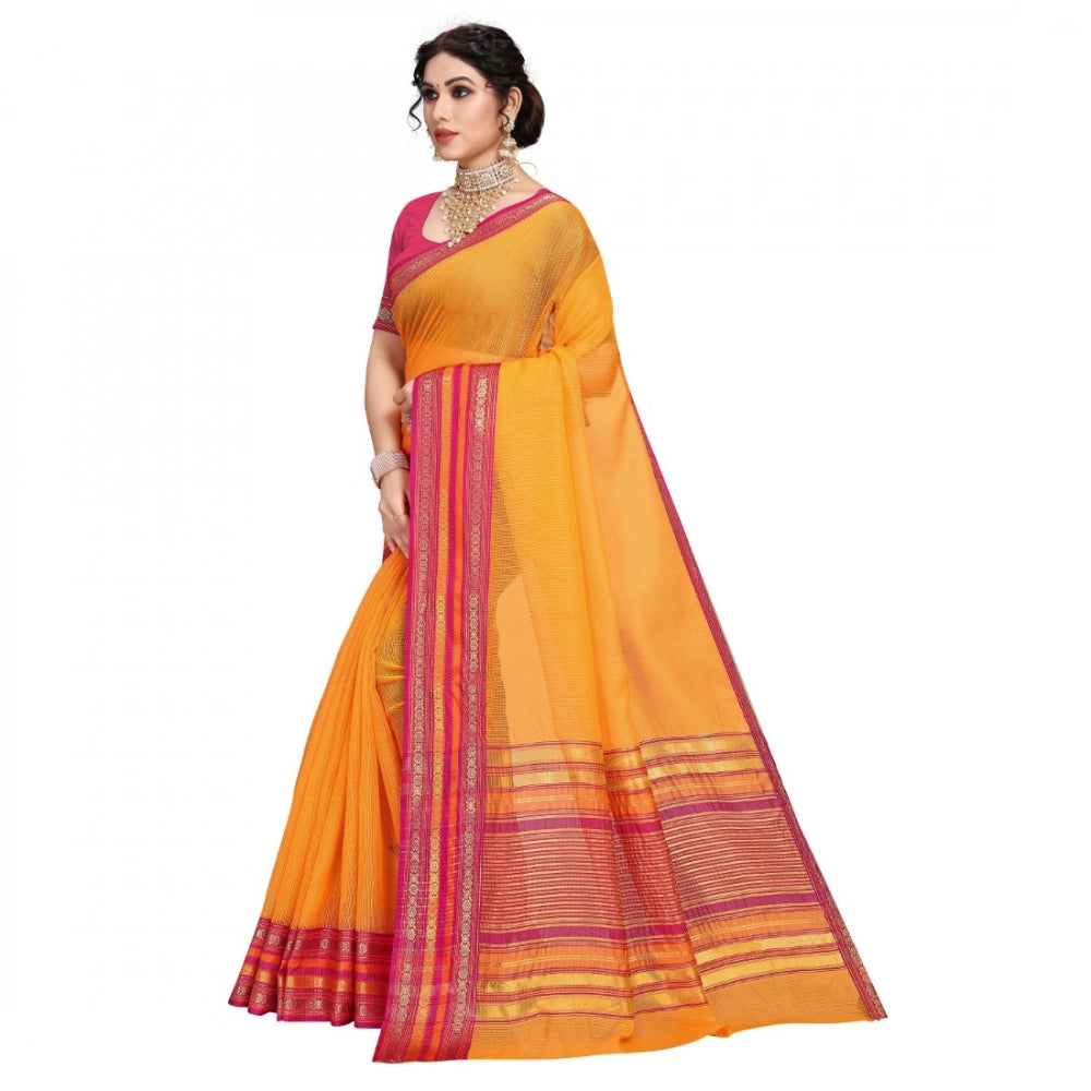 Kota Doria Cotton Bordered Saree With Blouse (Gold, 5-6 Mtrs)