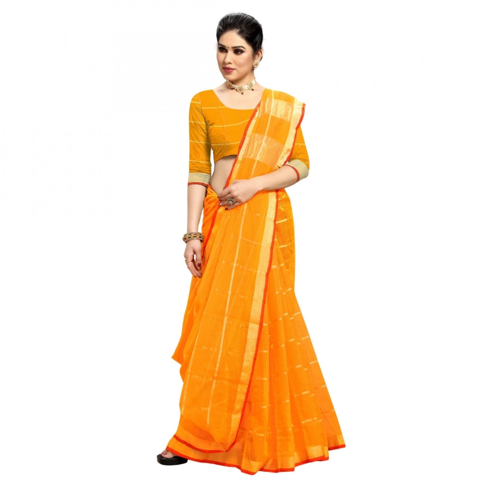 Kota Doria Cotton Checked Saree With Blouse (Yellow, 5-6 Mtrs)