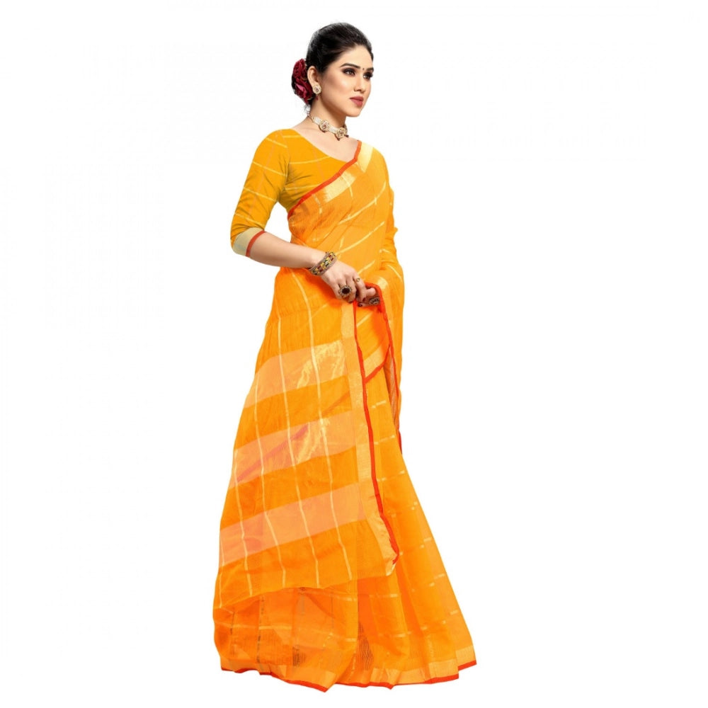 Kota Doria Cotton Checked Saree With Blouse (Yellow, 5-6 Mtrs)
