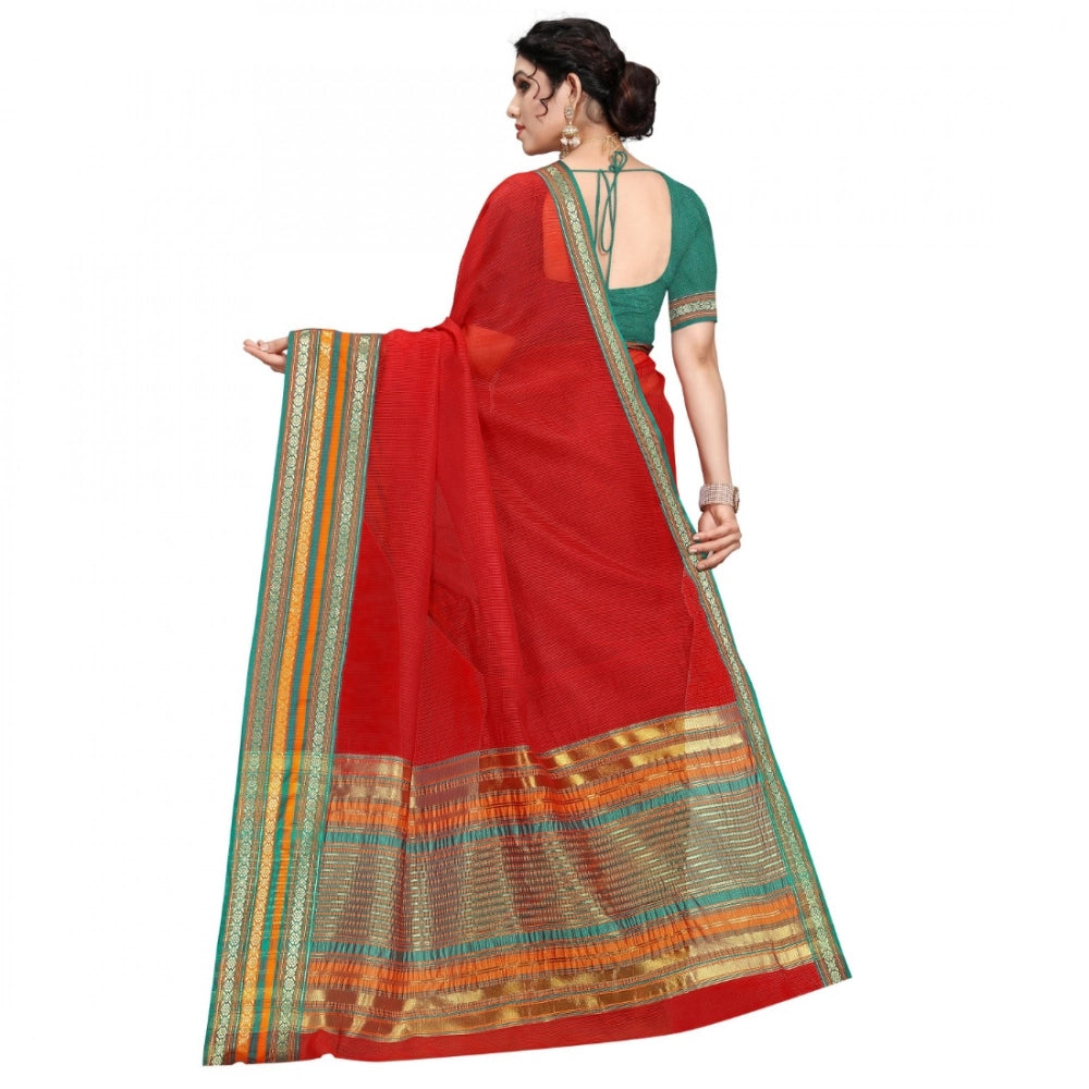 Kota Doria Cotton Bordered Saree With Blouse (Red, 5-6 Mtrs)