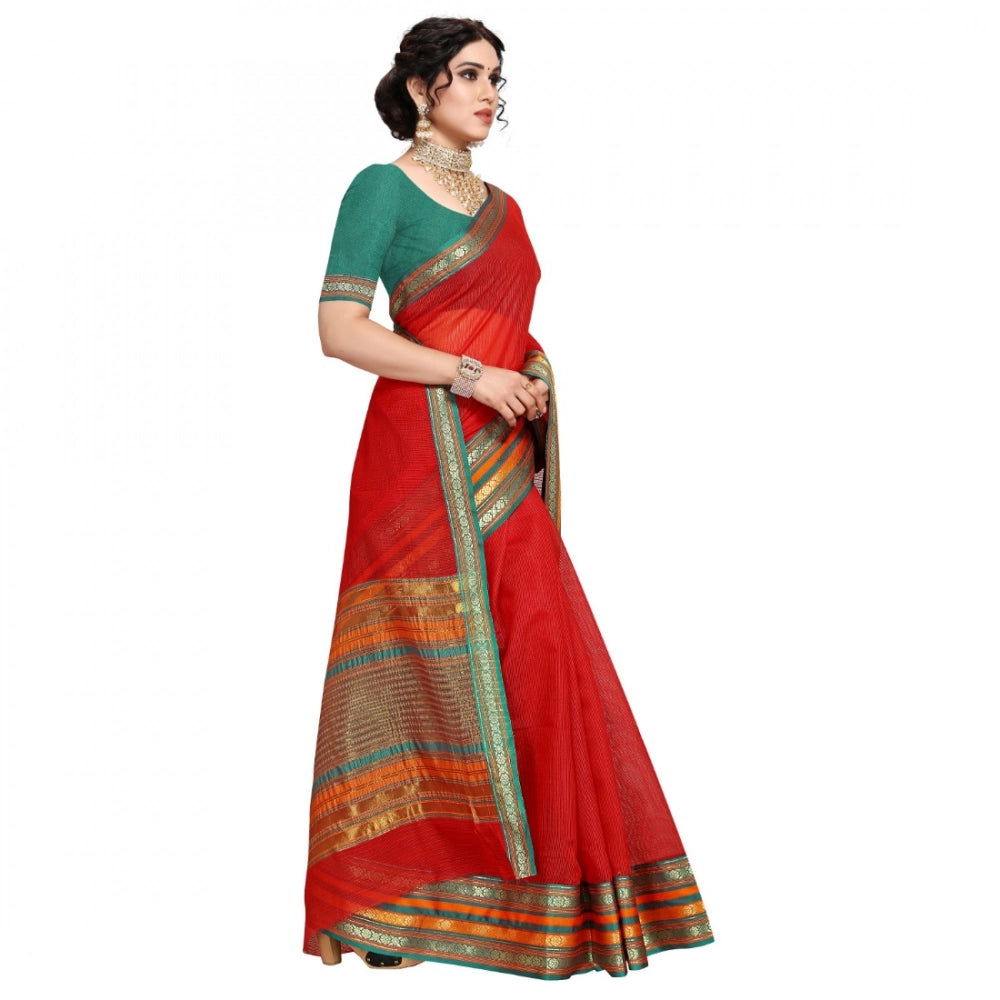 Kota Doria Cotton Bordered Saree With Blouse (Red, 5-6 Mtrs)