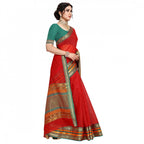 Kota Doria Cotton Bordered Saree With Blouse (Red, 5-6 Mtrs)