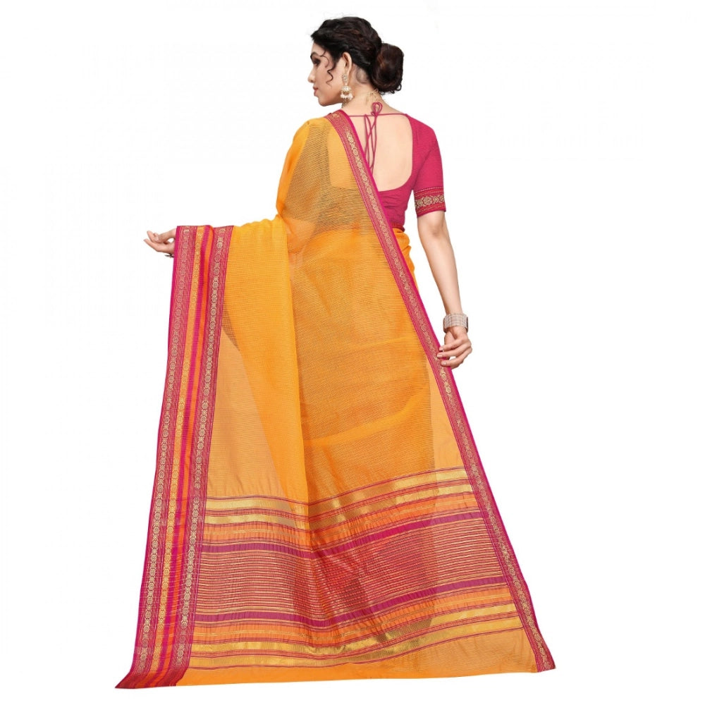 Kota Doria Cotton Bordered Saree With Blouse (Gold, 5-6 Mtrs)