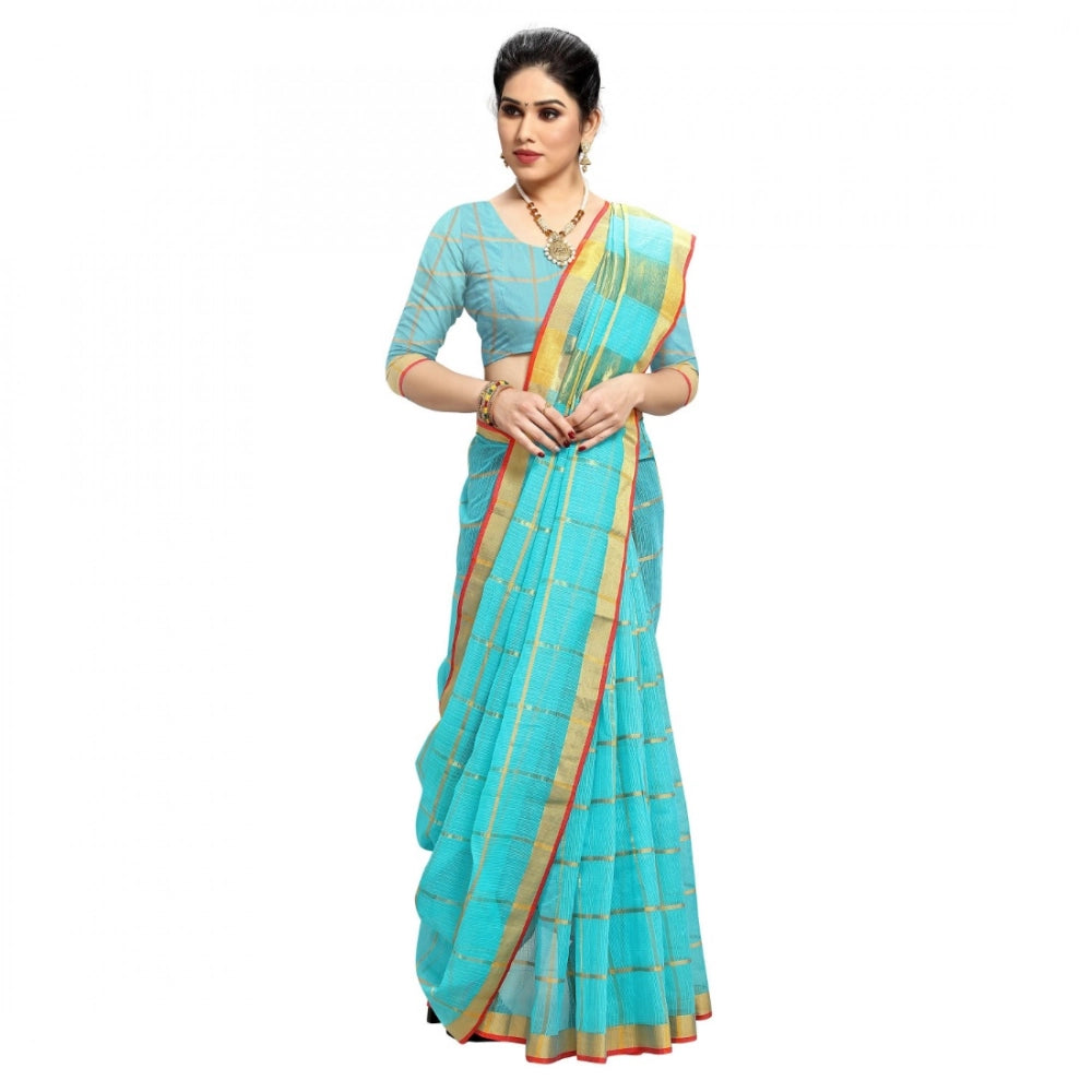 Kota Doria Cotton Checked Saree With Blouse (Sky Blue, 5-6 Mtrs)