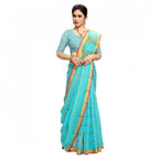 Kota Doria Cotton Checked Saree With Blouse (Sky Blue, 5-6 Mtrs)