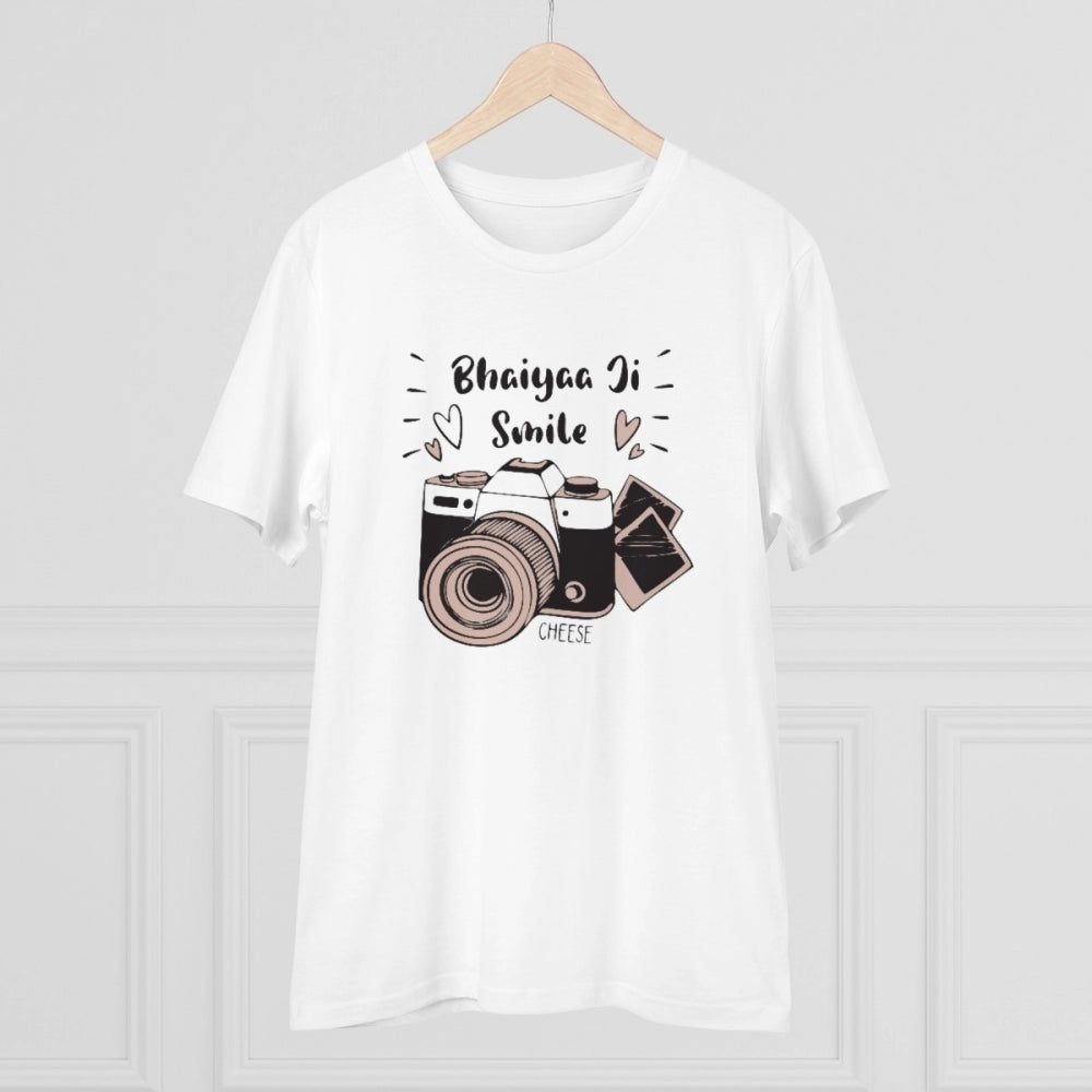 Men's PC Cotton Bhaiya Ji Smile Printed T Shirt (Color: White, Thread Count: 180GSM)