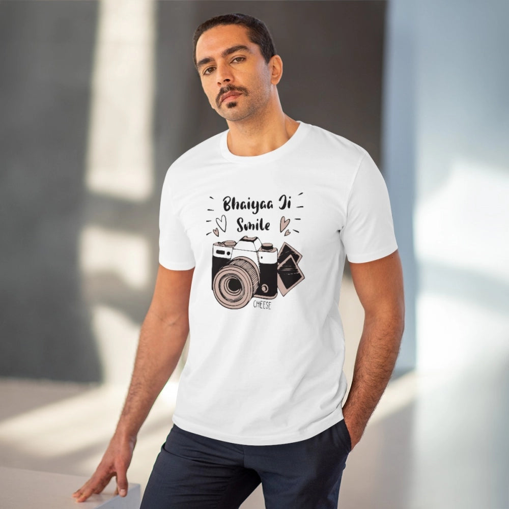 Men's PC Cotton Bhaiya Ji Smile Printed T Shirt (Color: White, Thread Count: 180GSM)