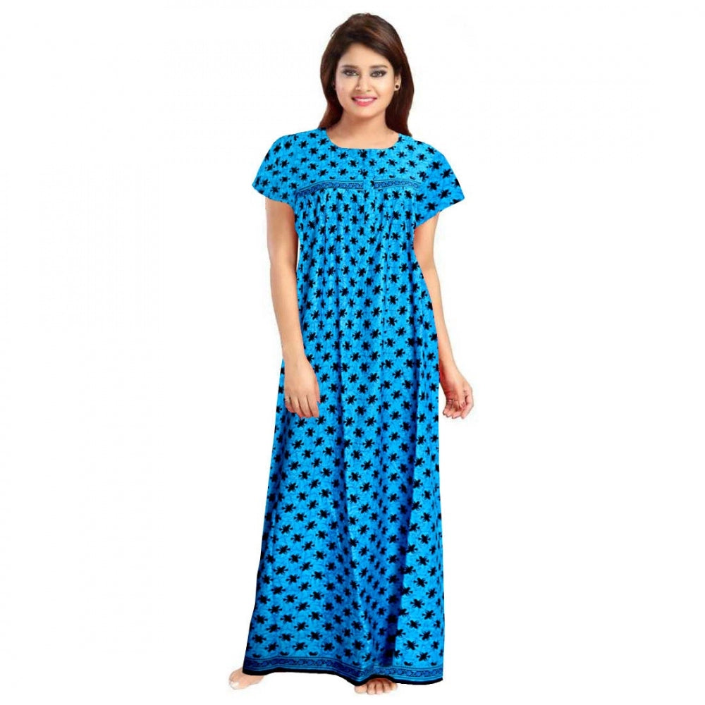 Cotton Printed Maxi Nighty (Aqua Blue)