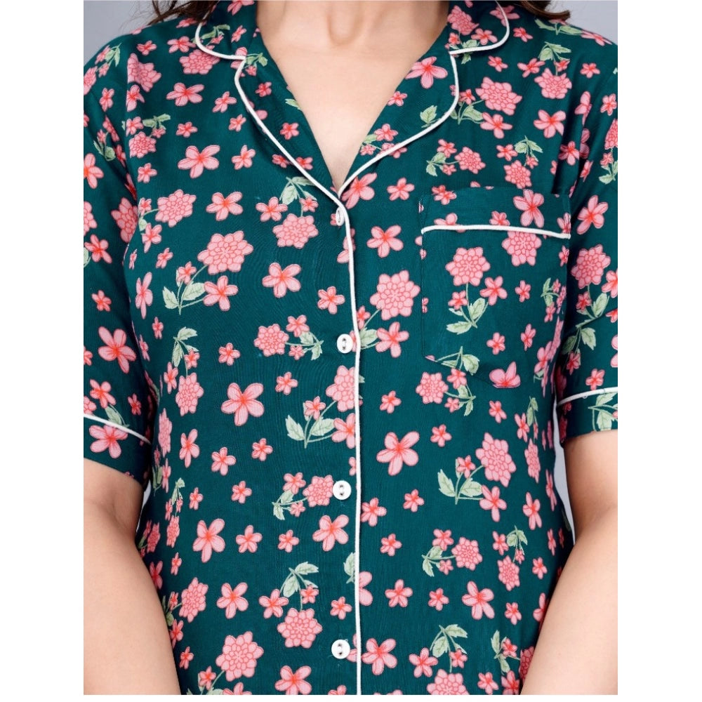 Casual Half Sleeve Printed Viscose Rayon Shirt With Pyjama Pant Night Suit Set (Teal)