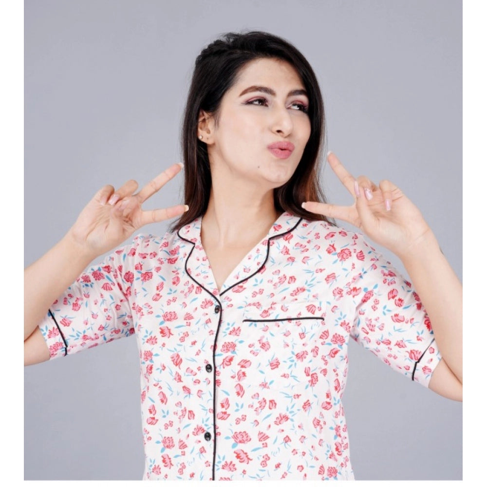 Casual Half Sleeve Printed Viscose Rayon Shirt With Pyjama Pant Night Suit Set (Baby Pink)
