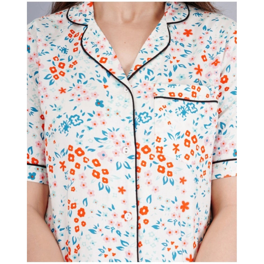 Casual Half Sleeve Printed Viscose Rayon Shirt With Pyjama Pant Night Suit Set (White)