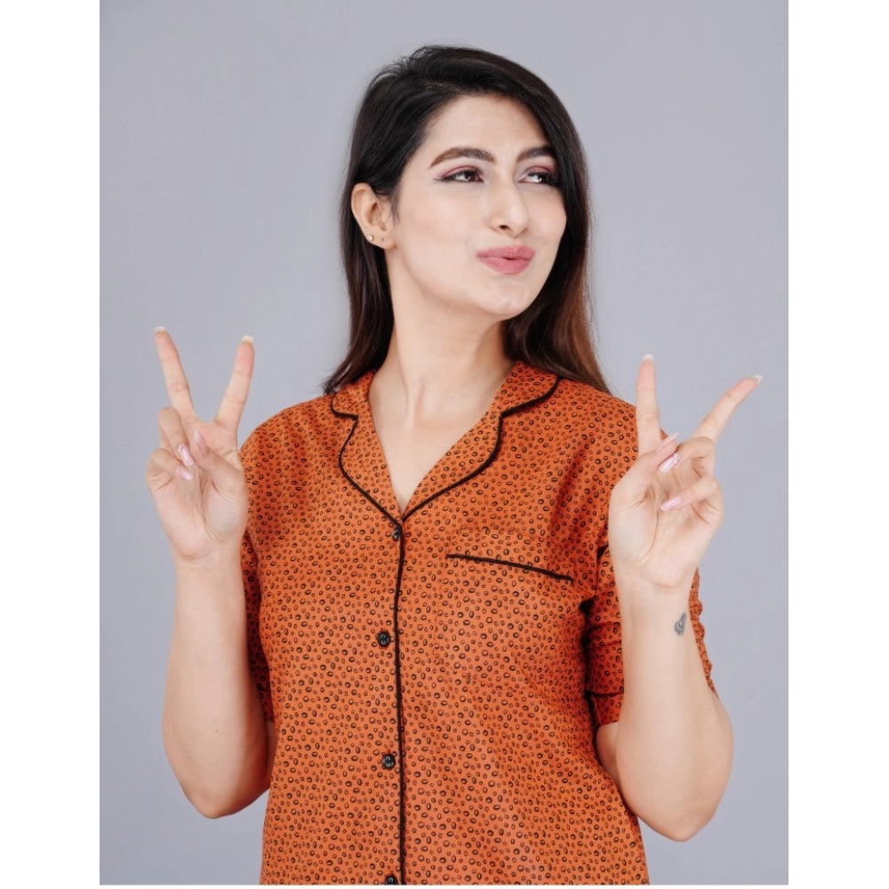 Casual Half Sleeve Printed Viscose Rayon Shirt With Pyjama Pant Night Suit Set (Brown)