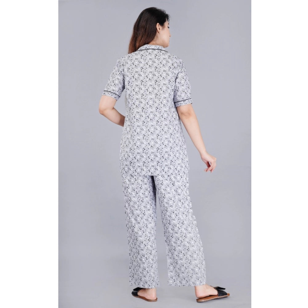 Casual Half Sleeve Printed Viscose Rayon Shirt With Pyjama Pant Night Suit Set (Grey)