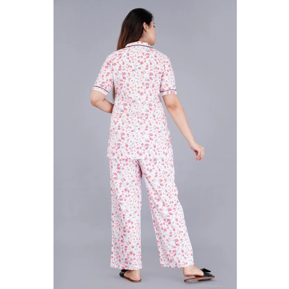 Casual Half Sleeve Printed Viscose Rayon Shirt With Pyjama Pant Night Suit Set (Baby Pink)
