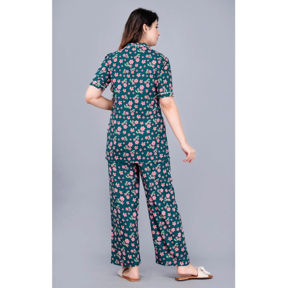 Casual Half Sleeve Printed Viscose Rayon Shirt With Pyjama Pant Night Suit Set (Teal)