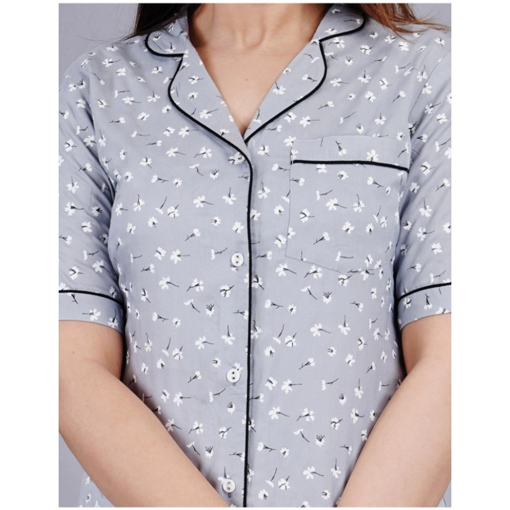 Casual Half Sleeve Printed Viscose Rayon Shirt With Pyjama Pant Night Suit Set (Grey)