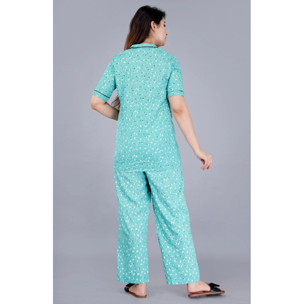 Casual Half Sleeve Printed Viscose Rayon Shirt With Pyjama Pant Night Suit Set (Green)
