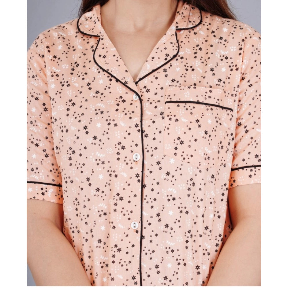 Casual Half Sleeve Printed Viscose Rayon Shirt With Pyjama Pant Night Suit Set (Peach)