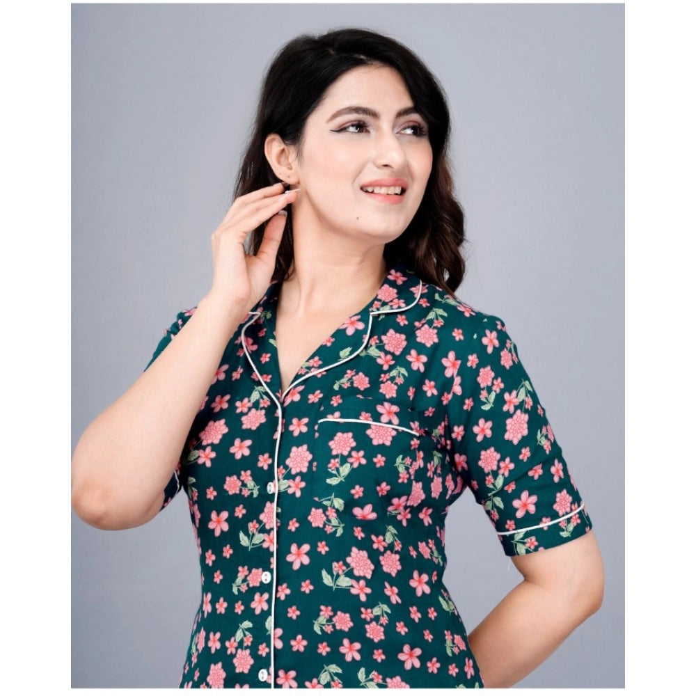 Casual Half Sleeve Printed Viscose Rayon Shirt With Pyjama Pant Night Suit Set (Teal)