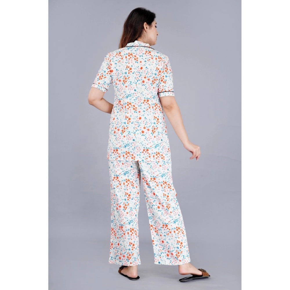 Casual Half Sleeve Printed Viscose Rayon Shirt With Pyjama Pant Night Suit Set (White)
