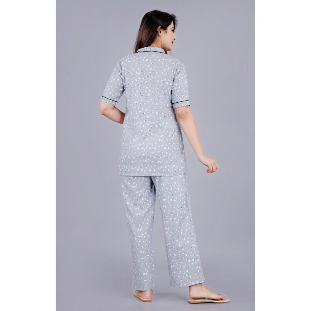 Casual Half Sleeve Printed Viscose Rayon Shirt With Pyjama Pant Night Suit Set (Grey)