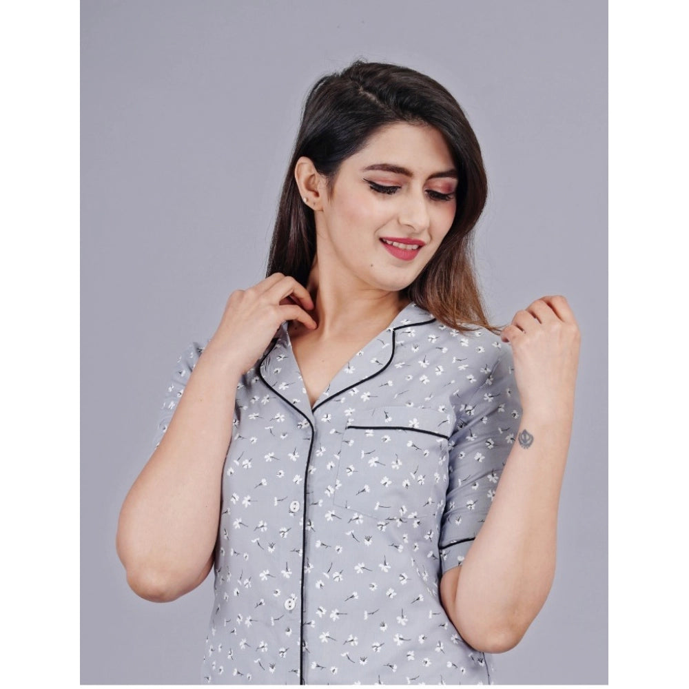 Casual Half Sleeve Printed Viscose Rayon Shirt With Pyjama Pant Night Suit Set (Grey)