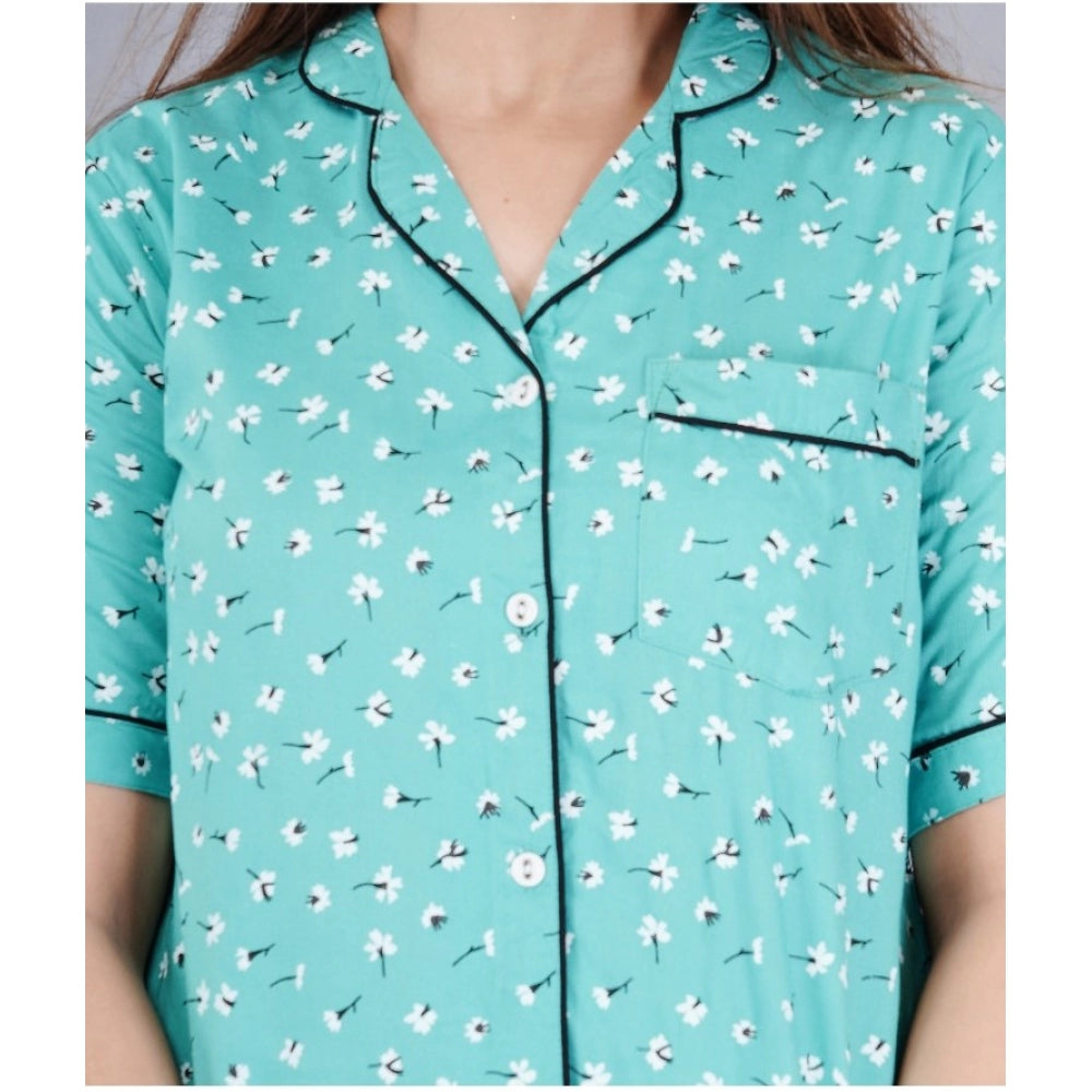 Casual Half Sleeve Printed Viscose Rayon Shirt With Pyjama Pant Night Suit Set (Green)