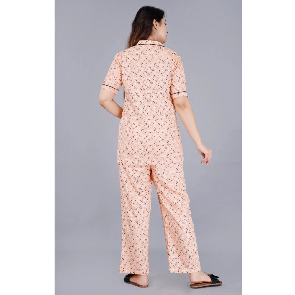 Casual Half Sleeve Printed Viscose Rayon Shirt With Pyjama Pant Night Suit Set (Peach)