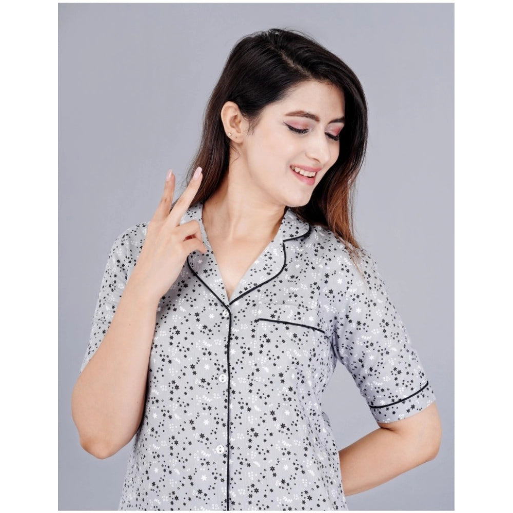 Casual Half Sleeve Printed Viscose Rayon Shirt With Pyjama Pant Night Suit Set (Grey)
