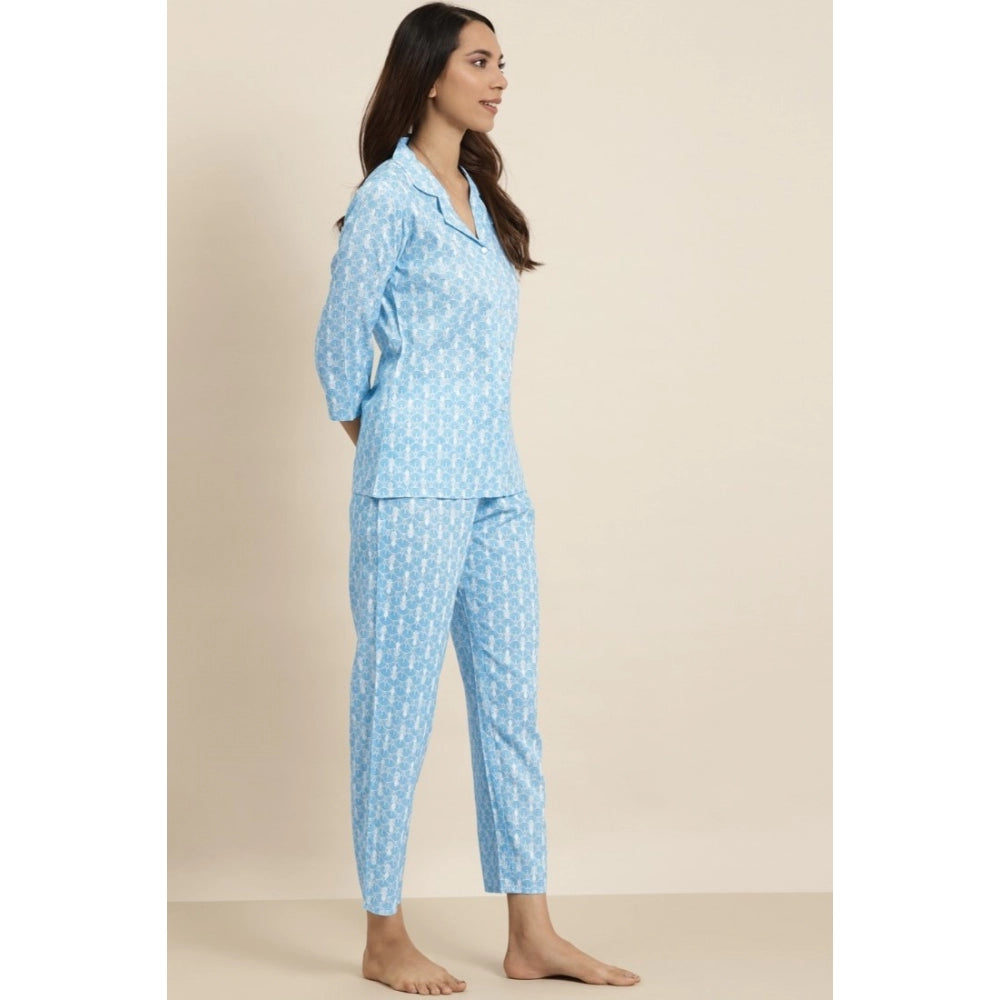 Casual 3/4 th Sleeve Floral Printed Rayon Shirt With Pyjama Pant Night Suit Set (Blue)