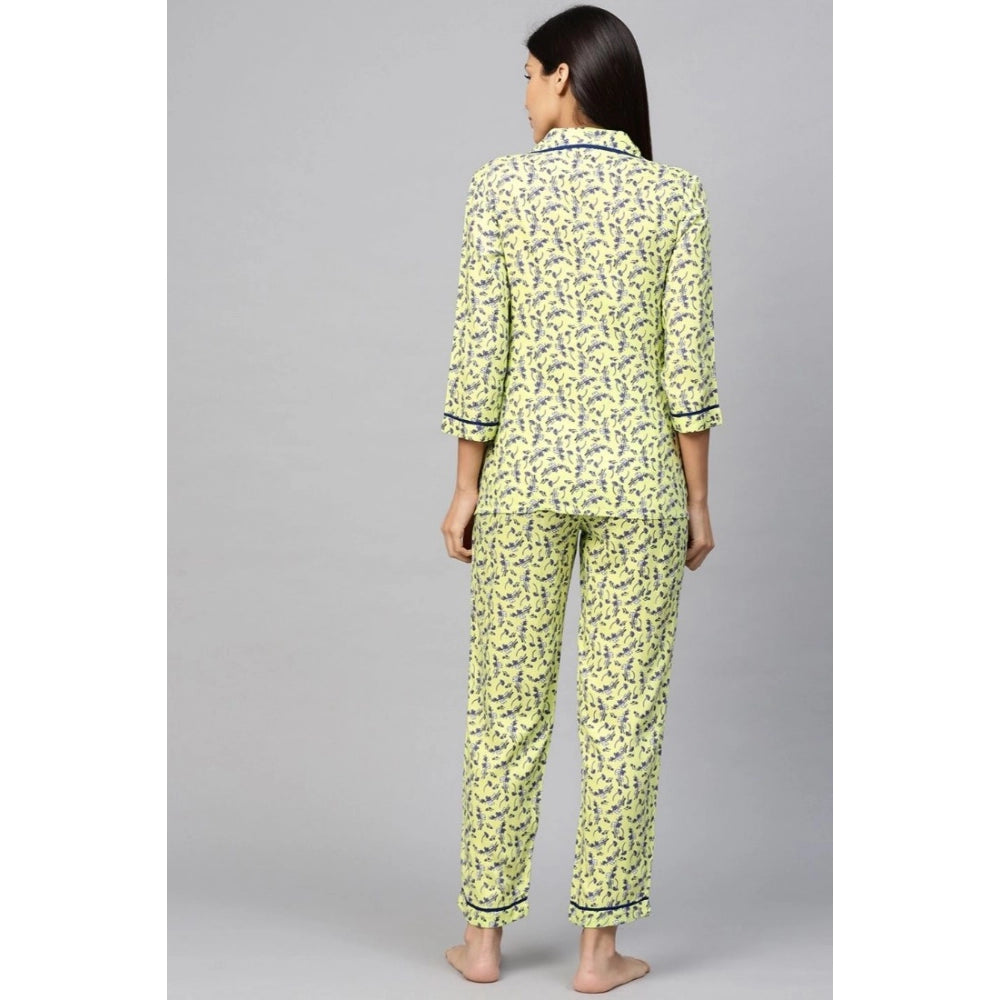Casual 3/4 Sleeve Floral Printed Rayon Shirt With Pyjama Pant Night Suit Set (Green)
