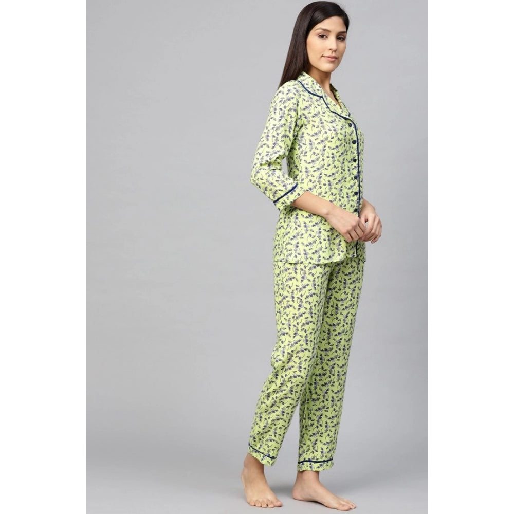 Casual 3/4 Sleeve Floral Printed Rayon Shirt With Pyjama Pant Night Suit Set (Green)