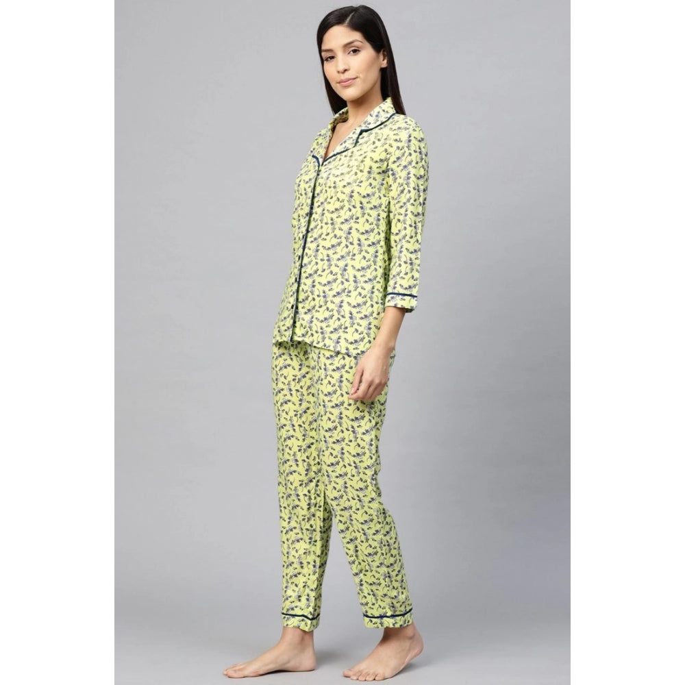 Casual 3/4 Sleeve Floral Printed Rayon Shirt With Pyjama Pant Night Suit Set (Green)