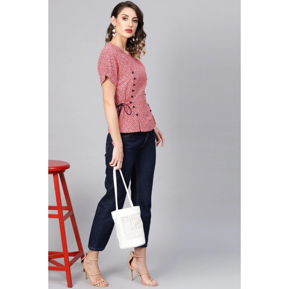 Casual Short Sleeve Geometric Rayon Top (Red)