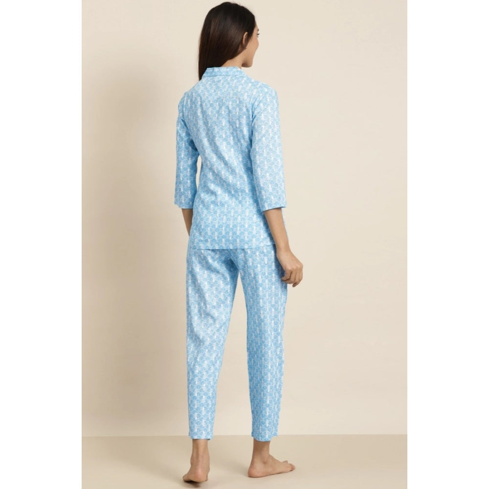Casual 3/4 th Sleeve Floral Printed Rayon Shirt With Pyjama Pant Night Suit Set (Blue)