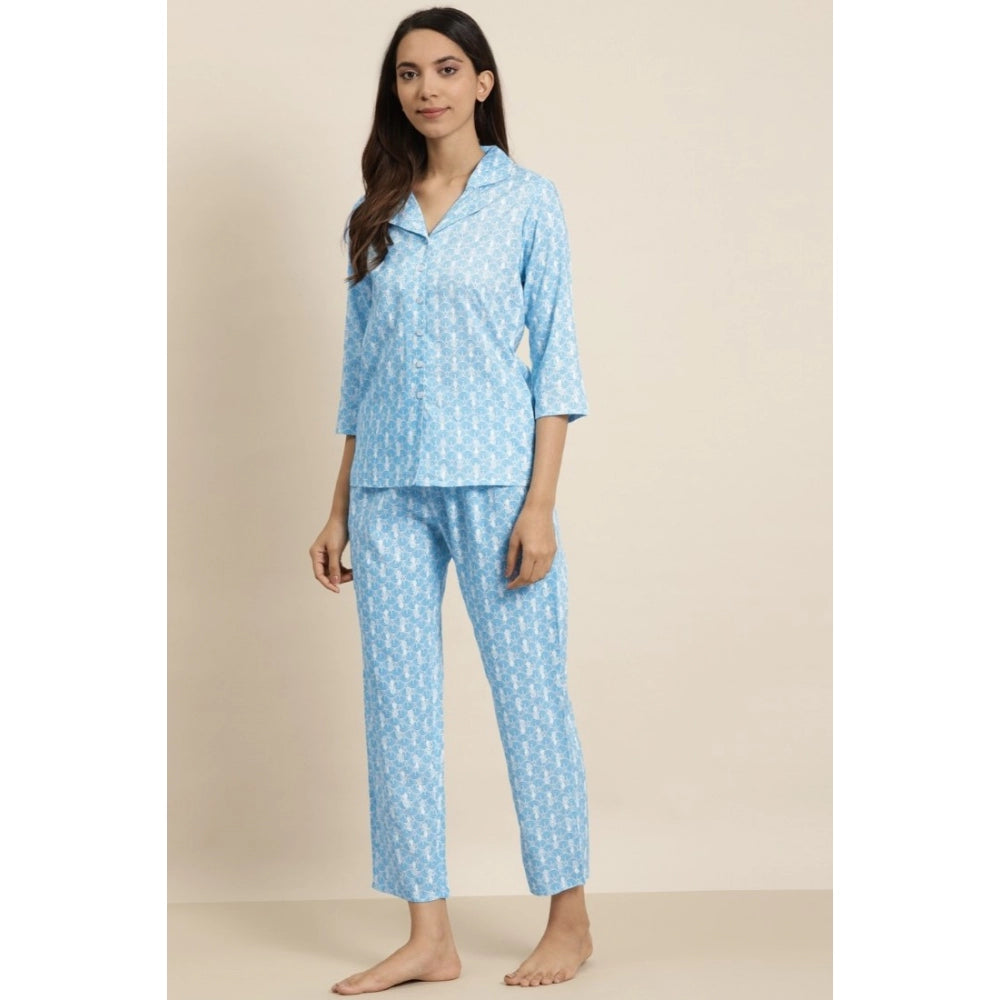 Casual 3/4 th Sleeve Floral Printed Rayon Shirt With Pyjama Pant Night Suit Set (Blue)
