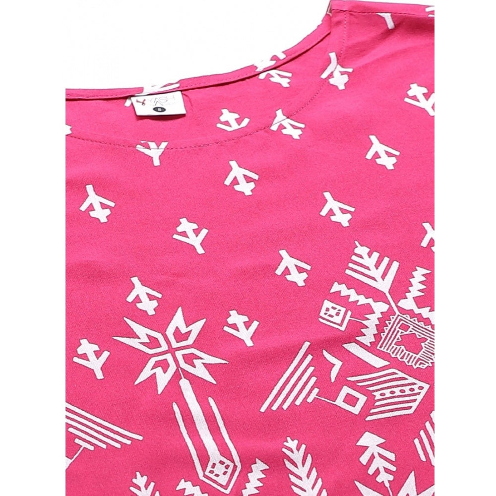 Casual Short Sleeve Printed Rayon Pajama Set (Pink)