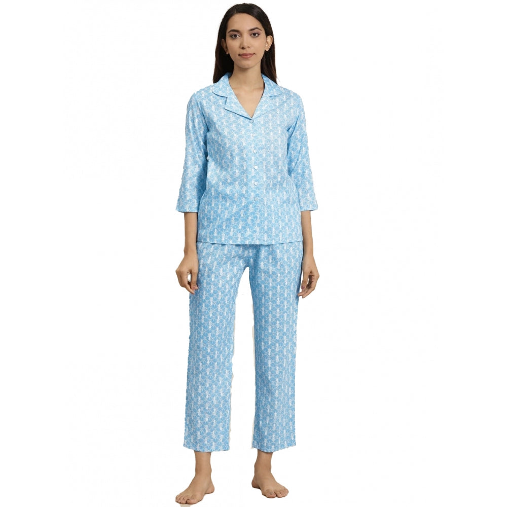 Casual 3/4 th Sleeve Floral Printed Rayon Shirt With Pyjama Pant Night Suit Set (Blue)