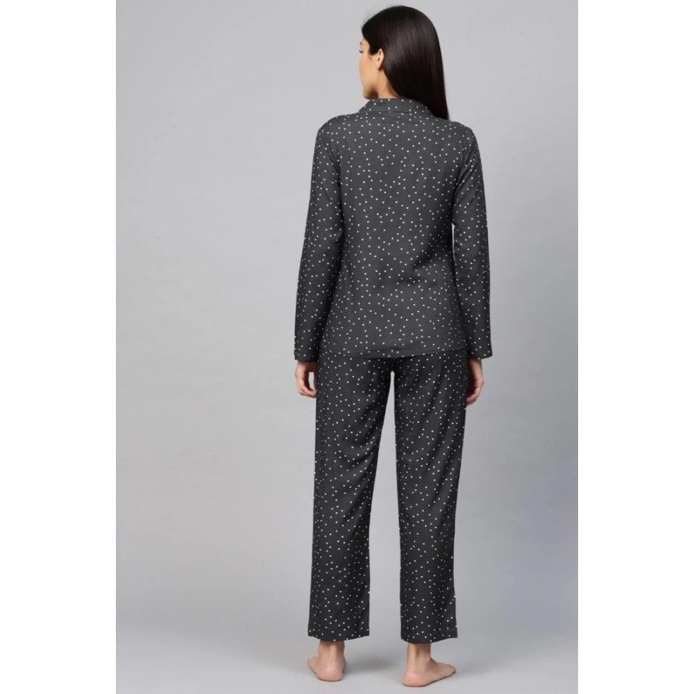 Casual Full Sleeves Polka Dot Printed Rayon Shirt With Pyjama Pant Night Suit Set (Grey)